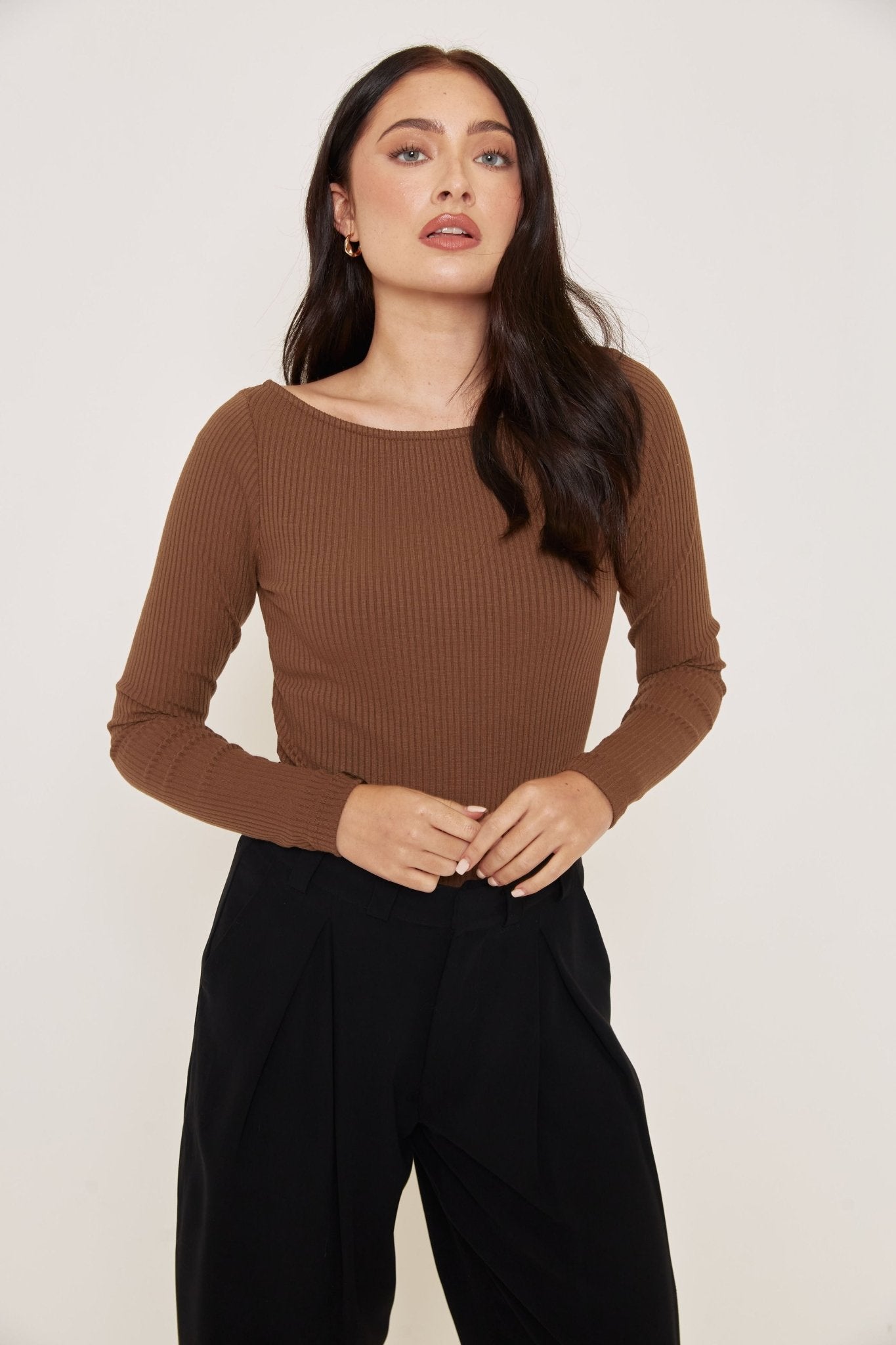Boat Neck Ribbed Bodysuit - Light Brown - Sa - Sa Studio