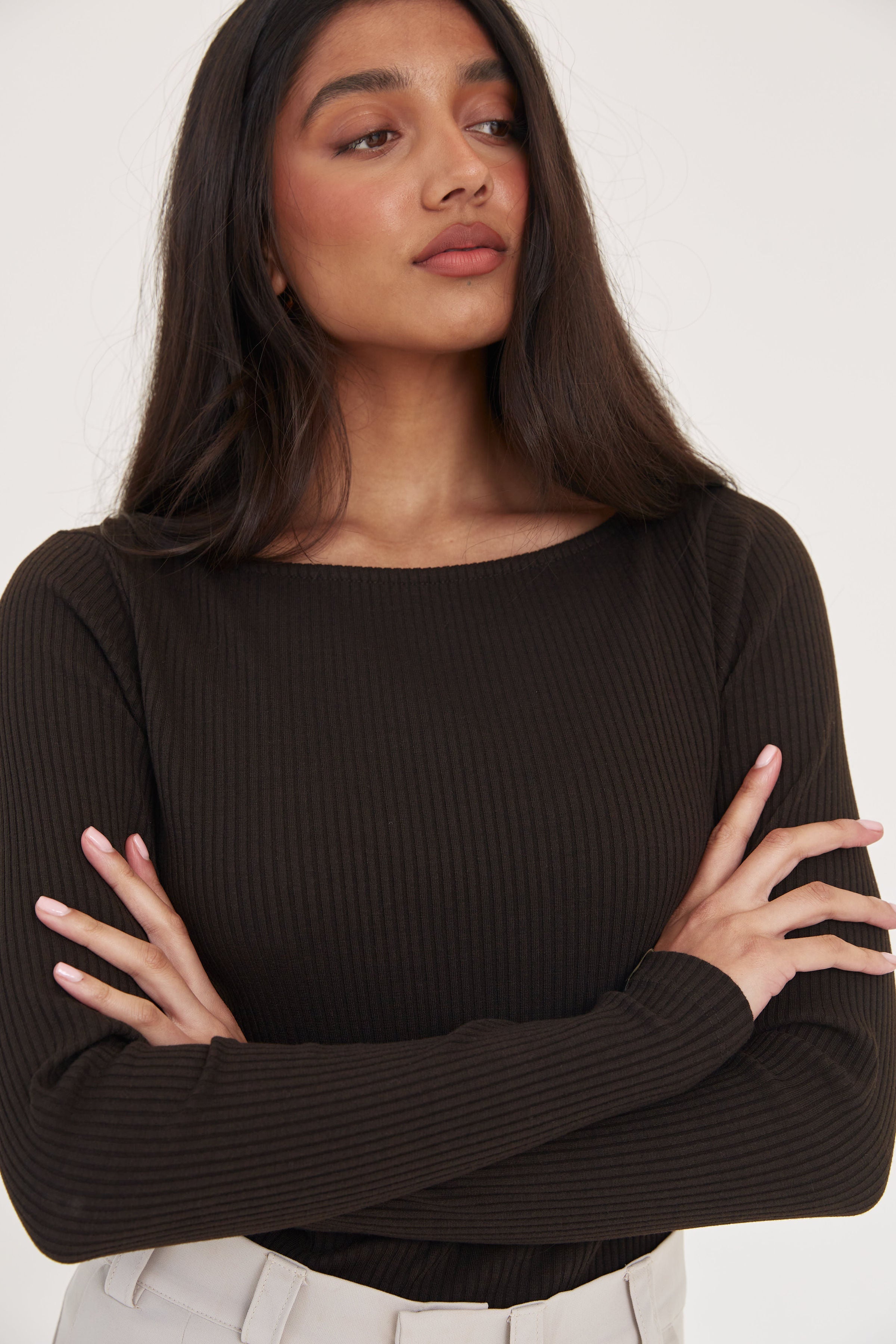 Boat Neck Ribbed Bodysuit - Dark Brown - Sa-Sa Studio