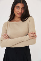 Boat Neck Ribbed Bodysuit - Light Beige - Sa-Sa Studio