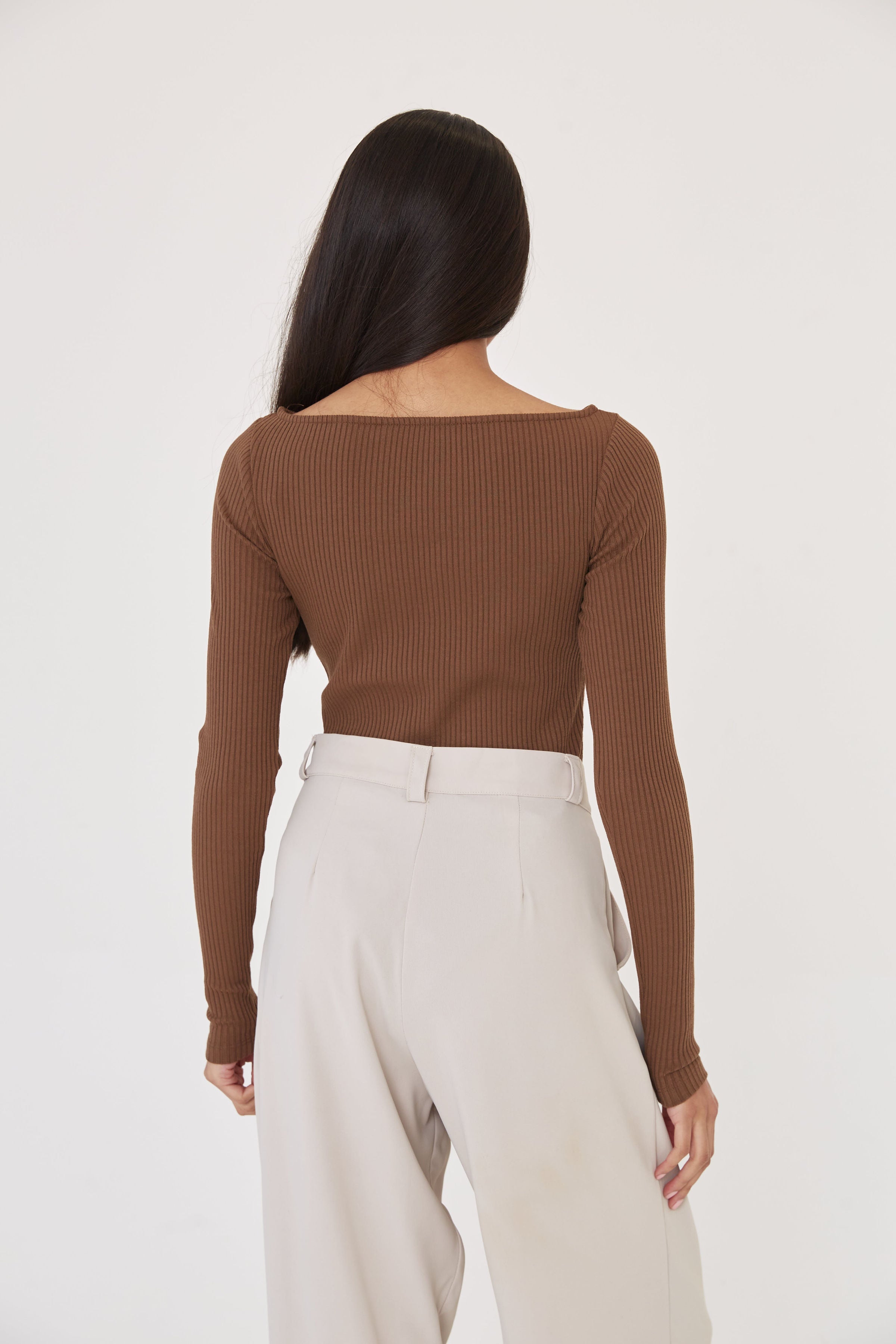 Boat Neck Ribbed Bodysuit - Light Brown - Sa-Sa Studio