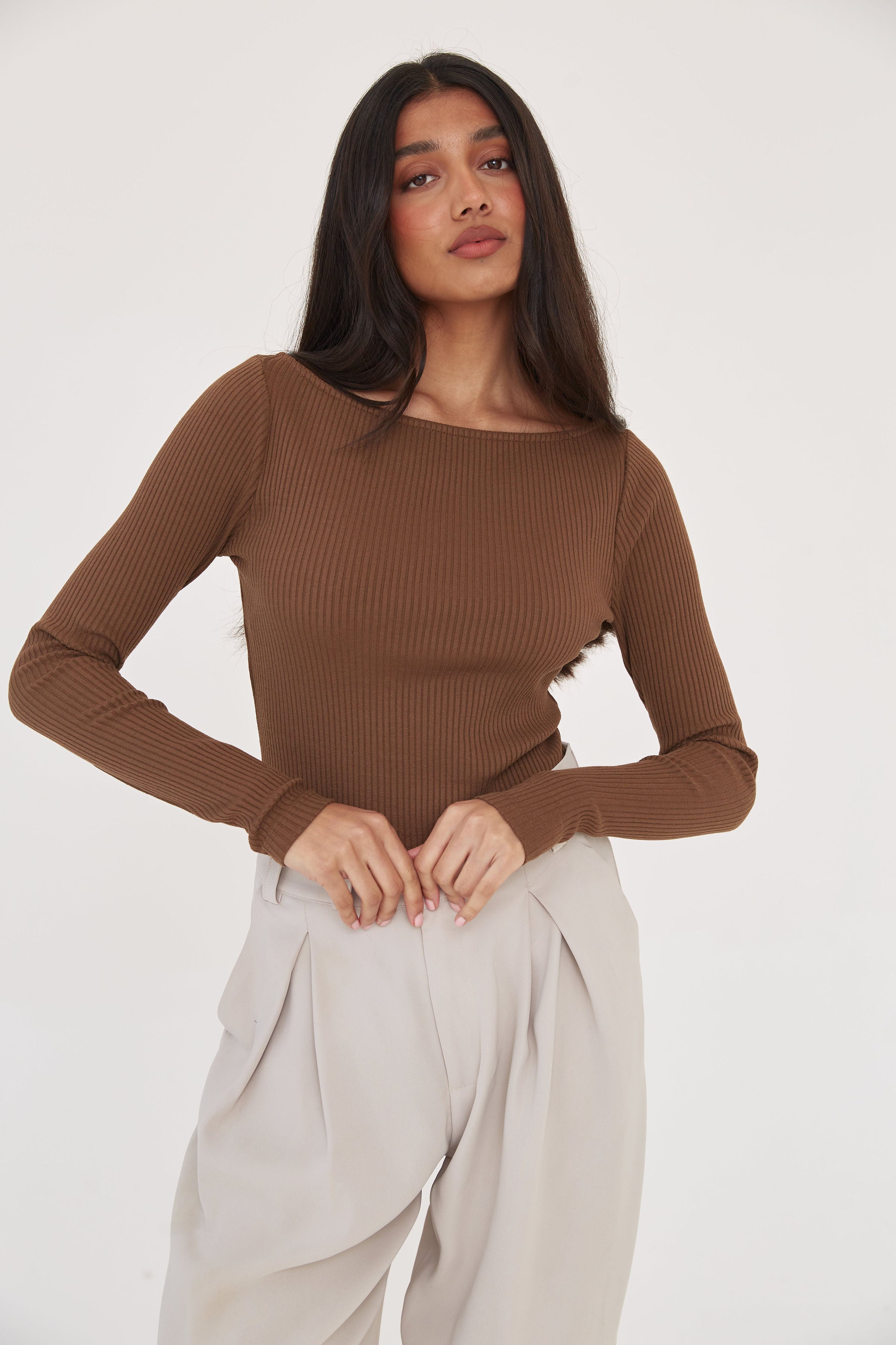 Boat Neck Ribbed Bodysuit - Light Brown - Sa-Sa Studio