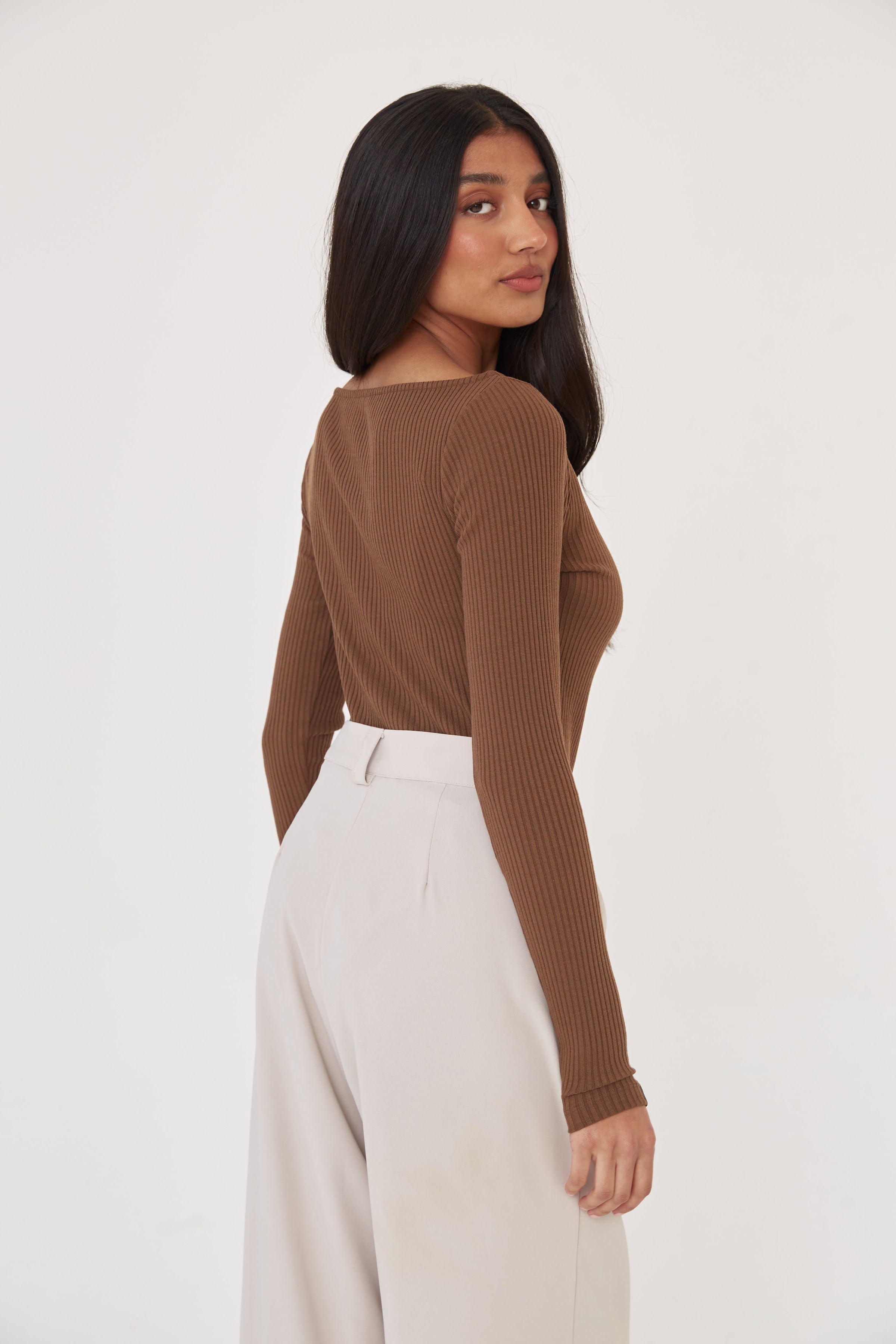 Boat Neck Ribbed Bodysuit - Light Brown - Sa-Sa Studio